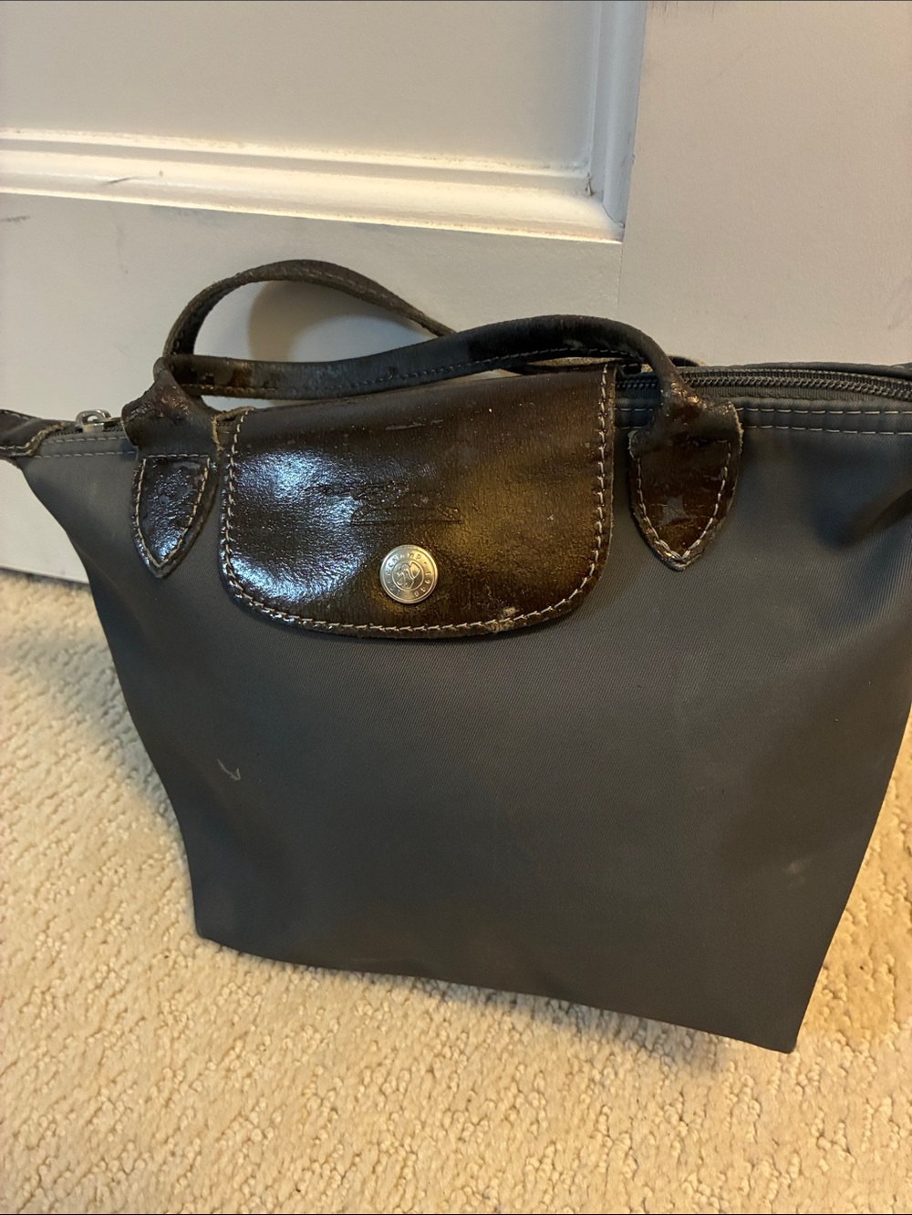 Longchamp Black Nylon Tote with Brown Leather Trim